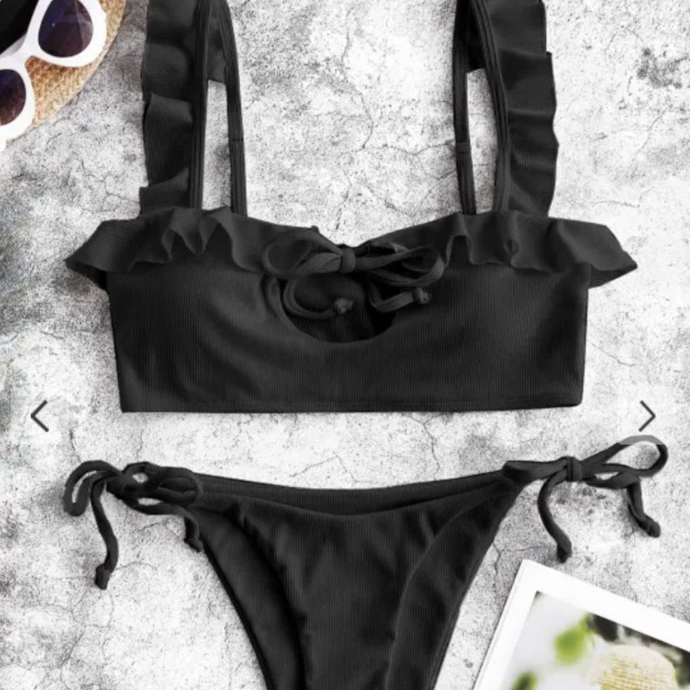 ZAFUL Ribbed Ruffle Keyhole Tie Side Bikini Swimwear - Black M